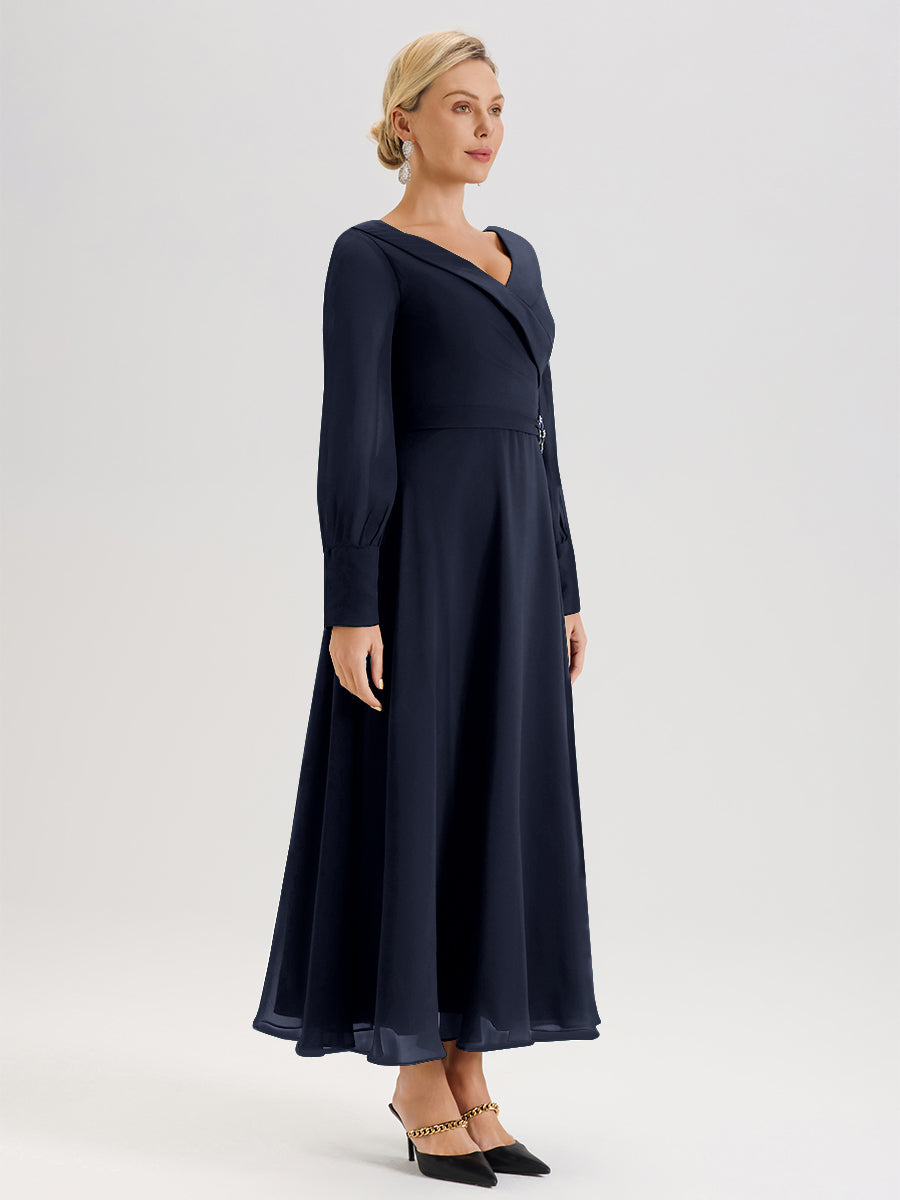 Cicinia Robe Longue Mère De La Mariée Bleu Marine Décolleté En V Manches Longues Trapèze En Mousseline