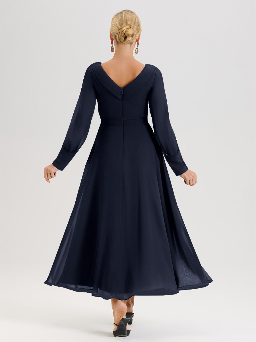 Cicinia Robe Longue Mère De La Mariée Bleu Marine Décolleté En V Manches Longues Trapèze En Mousseline