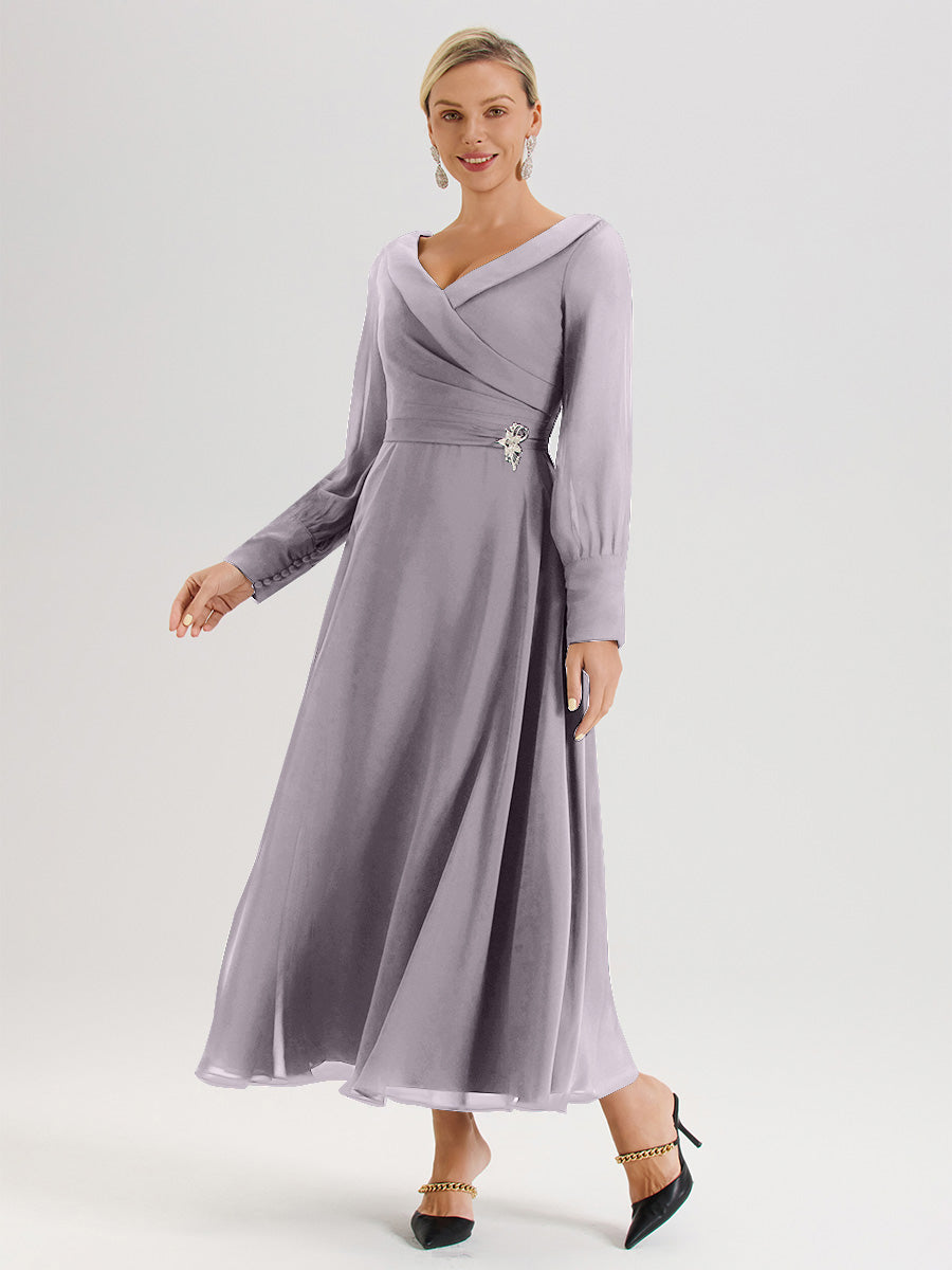 Cicinia Robe Longue Mère De La Mariée Crépuscule Décolleté En V Manches Longues Trapèze En Mousseline