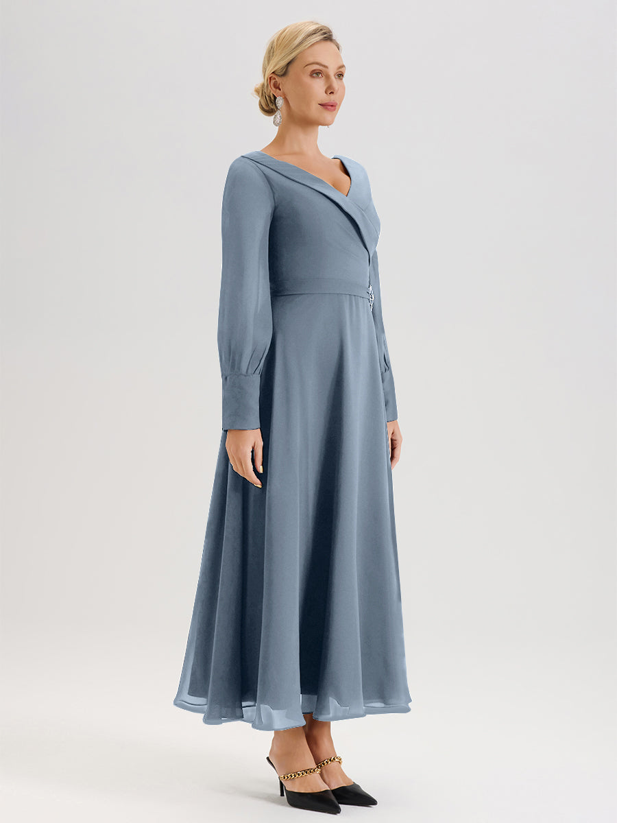 Cicinia Robe Longue Mère De La Mariée Bleu Poussiereux Décolleté En V Manches Longues Trapèze En Mousseline