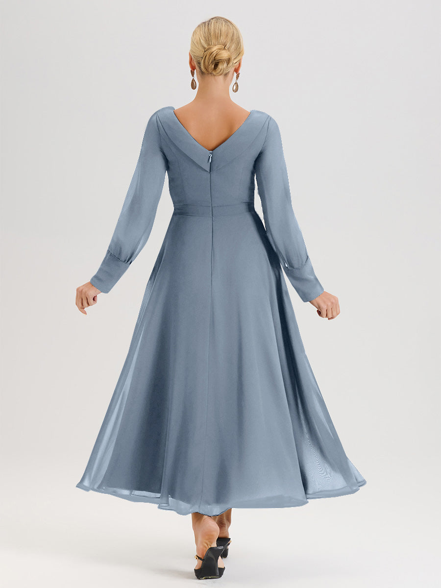Cicinia Robe Longue Mère De La Mariée Bleu Poussiereux Décolleté En V Manches Longues Trapèze En Mousseline