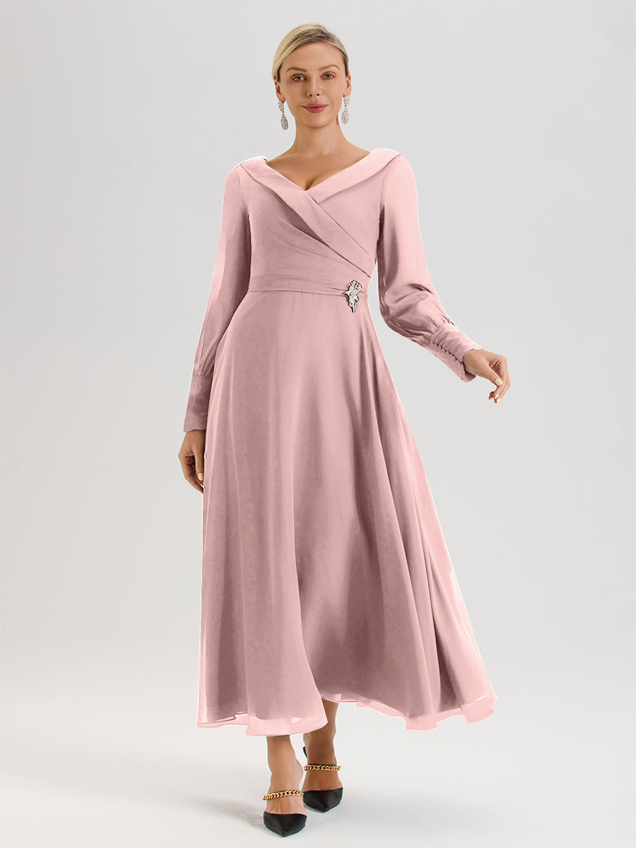 Cicinia Robe Longue Mère De La Mariée Rose Poudrée Décolleté En V Manches Longues Trapèze En Mousseline