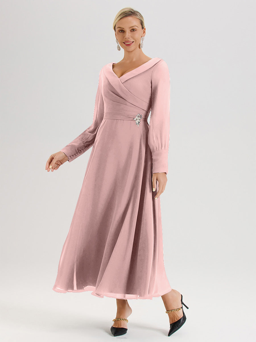 Cicinia Robe Longue Mère De La Mariée Rose Poudrée Décolleté En V Manches Longues Trapèze En Mousseline