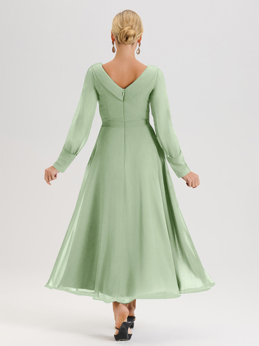 Cicinia Robe Longue Mère De La Mariée Sauge Poudrée Décolleté En V Manches Longues Trapèze En Mousseline