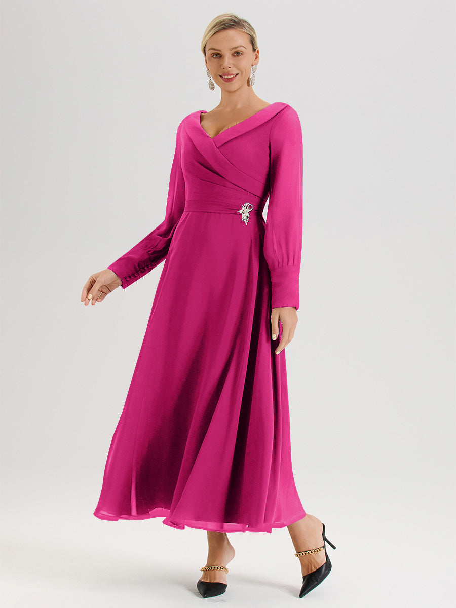 Cicinia Robe Longue Mère De La Mariée Rose Fuchsia Décolleté En V Manches Longues Trapèze En Mousseline