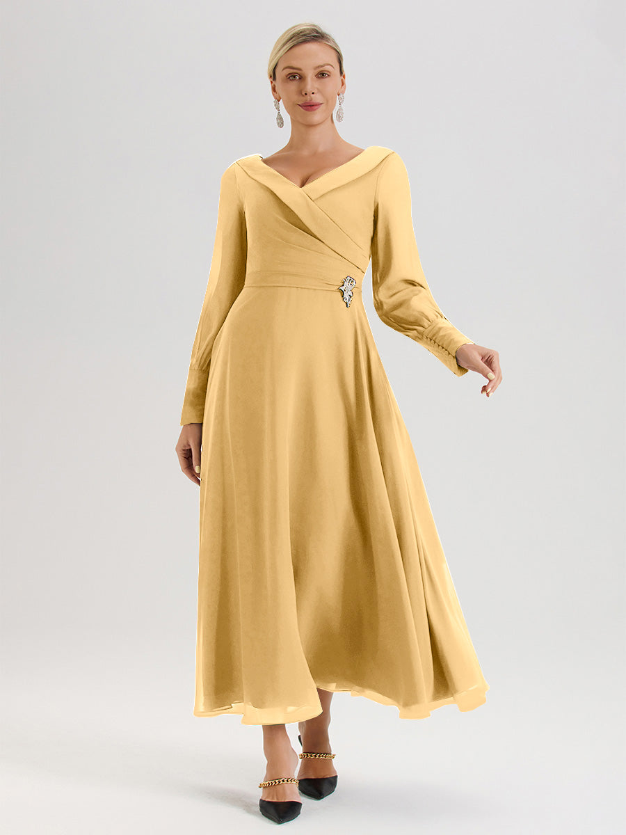 Cicinia Robe Longue Mère De La Mariée En Or Décolleté En V Manches Longues Trapèze En Mousseline