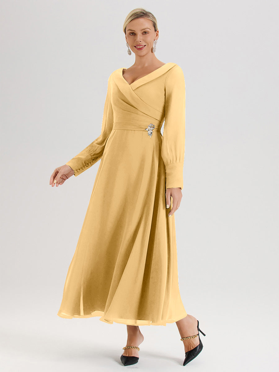 Cicinia Robe Longue Mère De La Mariée En Or Décolleté En V Manches Longues Trapèze En Mousseline