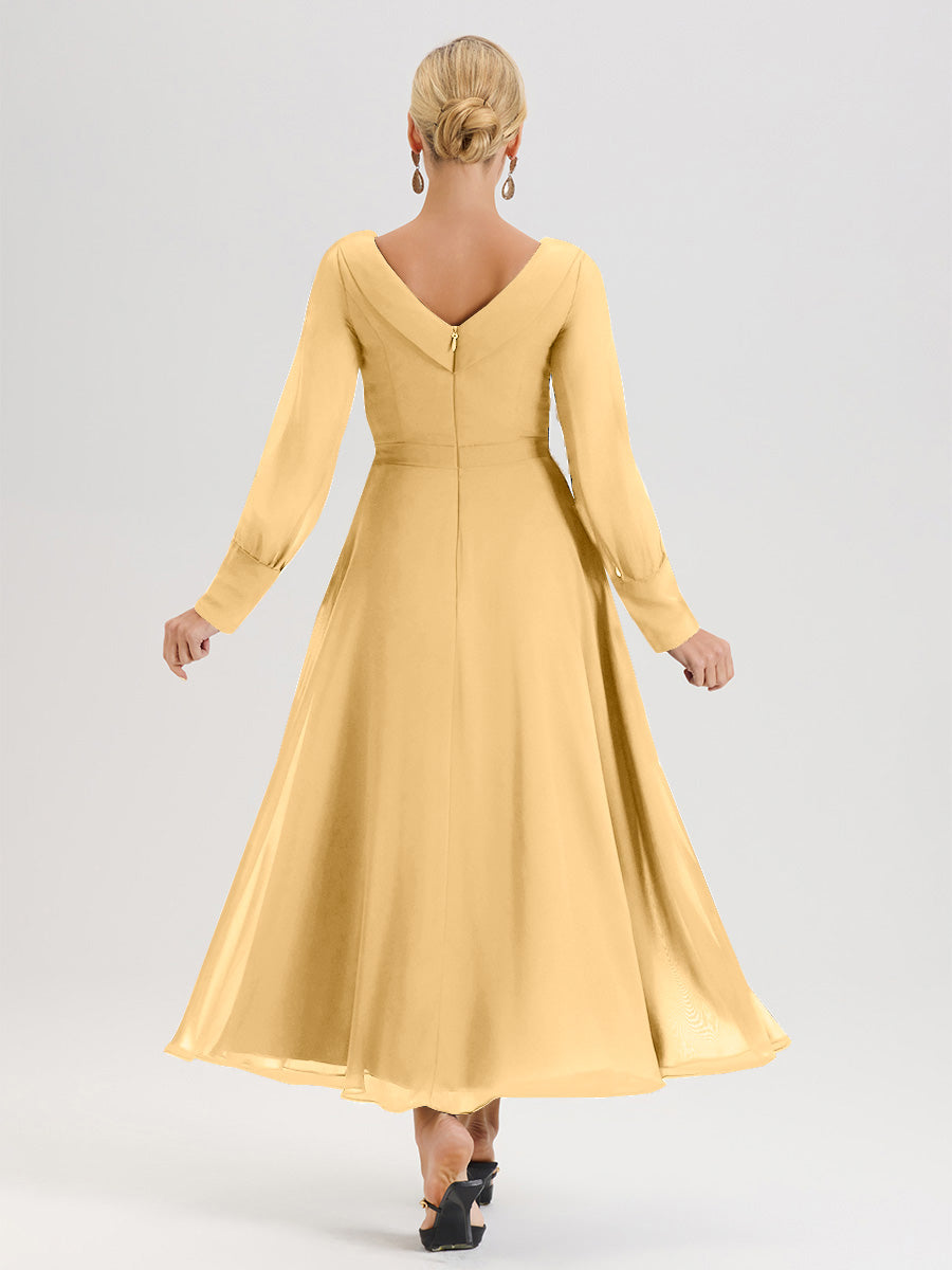 Cicinia Robe Longue Mère De La Mariée En Or Décolleté En V Manches Longues Trapèze En Mousseline