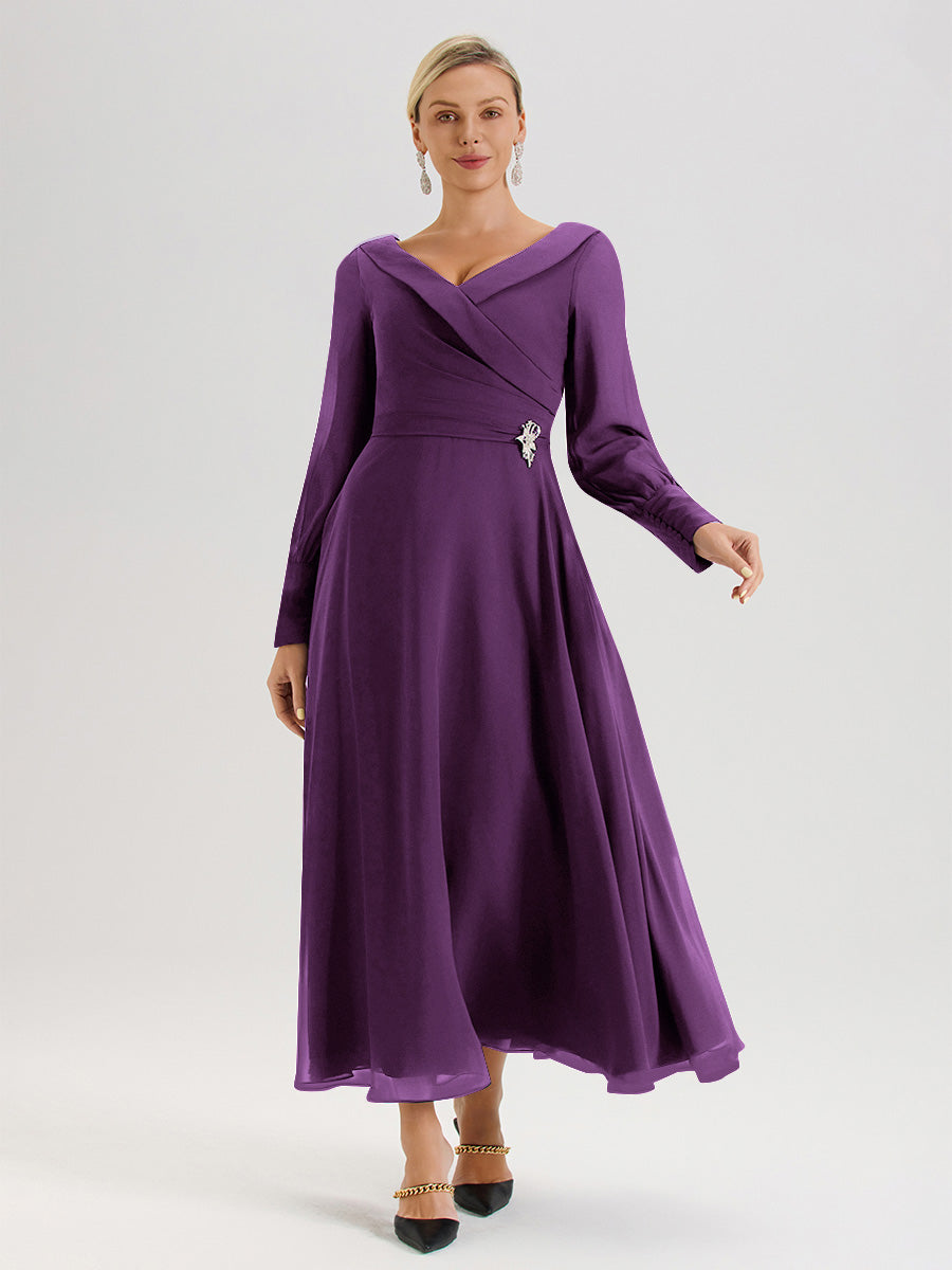 Cicinia Robe Longue Mère De La Mariée En Raisin Décolleté En V Manches Longues Trapèze En Mousseline