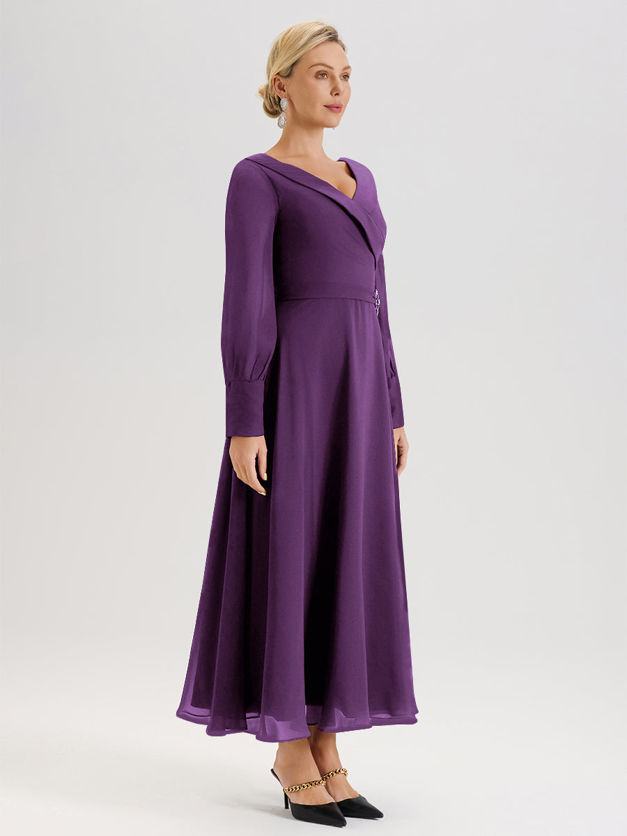 Cicinia Robe Longue Mère De La Mariée En Raisin Décolleté En V Manches Longues Trapèze En Mousseline
