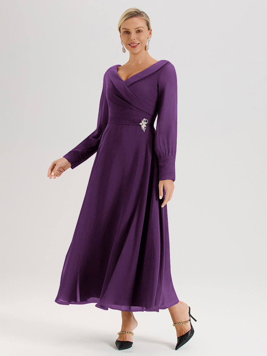 Cicinia Robe Longue Mère De La Mariée En Raisin Décolleté En V Manches Longues Trapèze En Mousseline