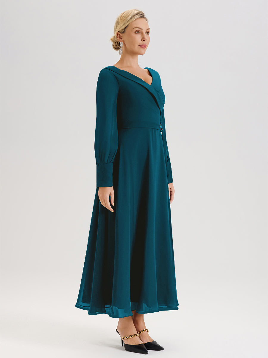 Cicinia Robe Longue Mère De La Mariée Bleu Encre Décolleté En V Manches Longues Trapèze En Mousseline