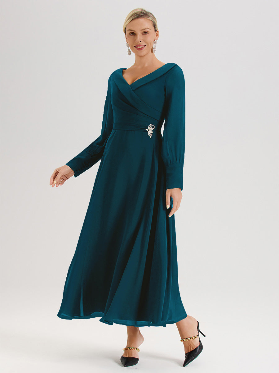 Cicinia Robe Longue Mère De La Mariée Bleu Encre Décolleté En V Manches Longues Trapèze En Mousseline