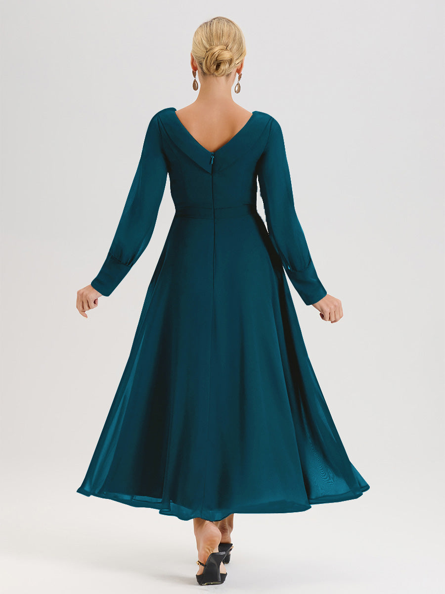 Cicinia Robe Longue Mère De La Mariée Bleu Encre Décolleté En V Manches Longues Trapèze En Mousseline