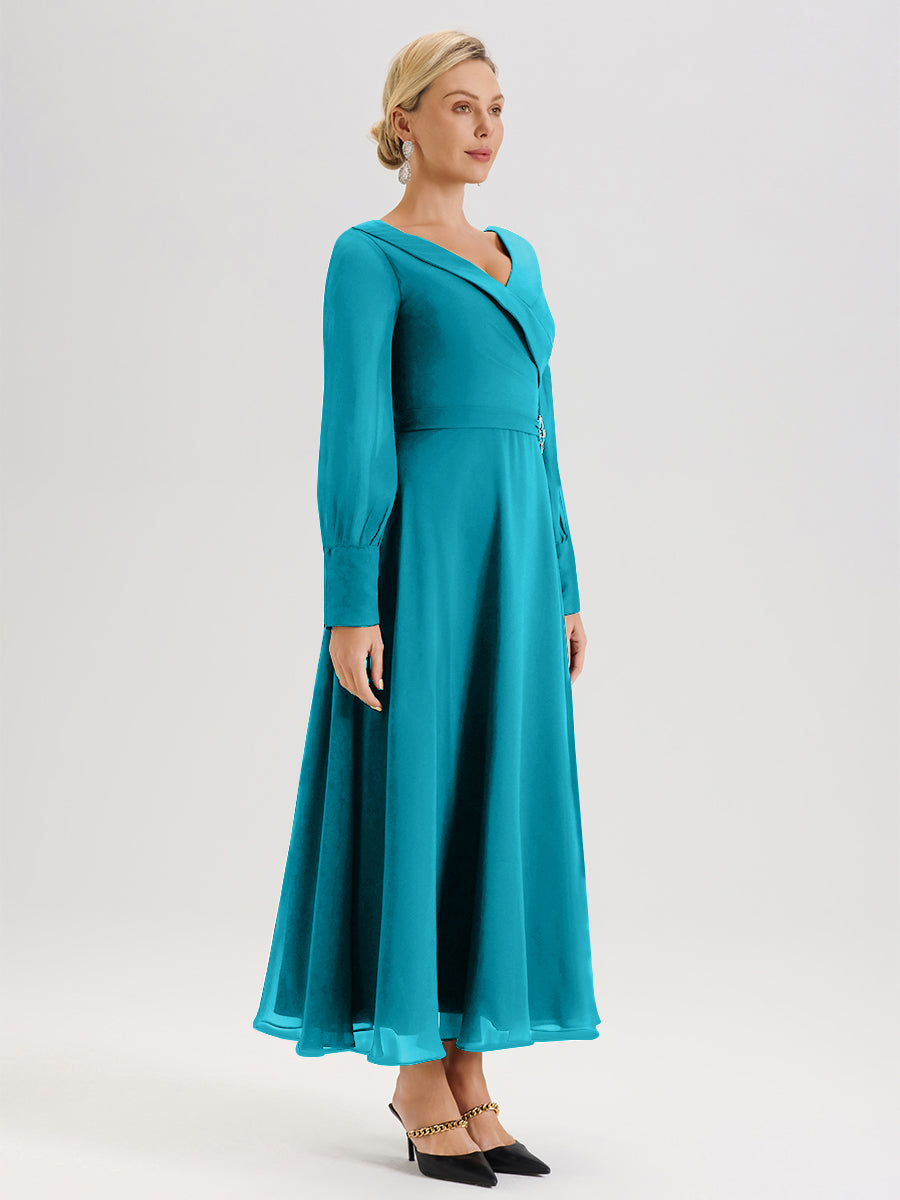Cicinia Robe Longue Mère De La Mariée Jade Décolleté En V Manches Longues Trapèze En Mousseline