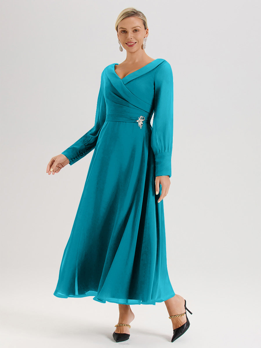 Cicinia Robe Longue Mère De La Mariée Jade Décolleté En V Manches Longues Trapèze En Mousseline