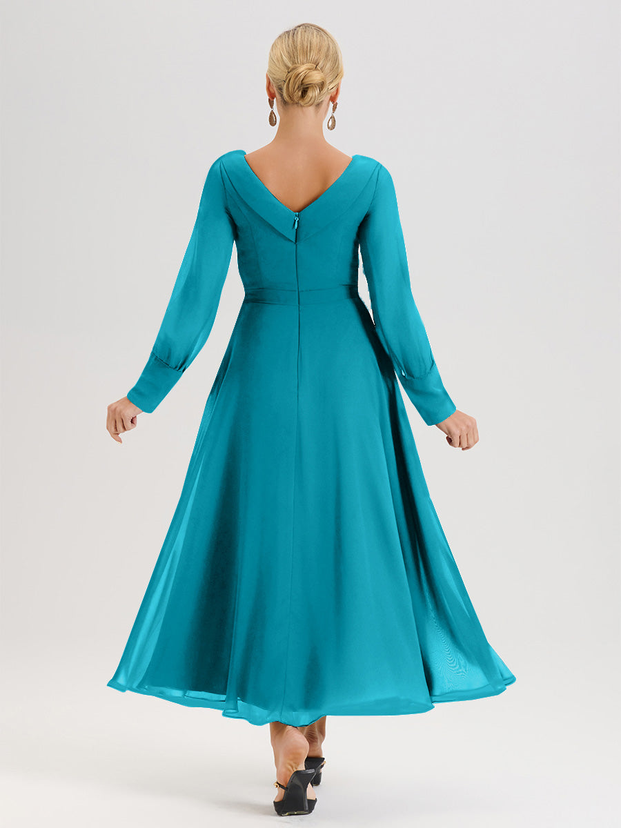 Cicinia Robe Longue Mère De La Mariée Jade Décolleté En V Manches Longues Trapèze En Mousseline