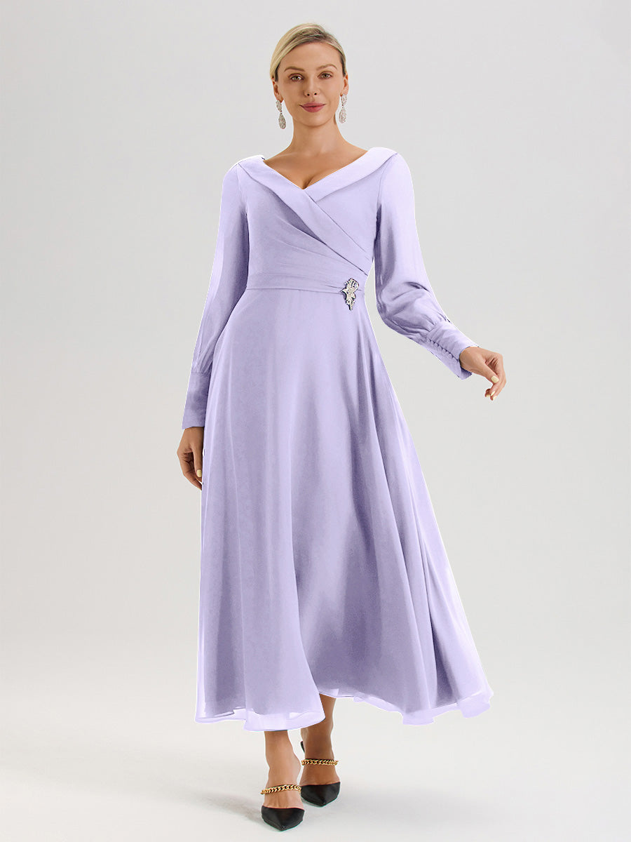 Cicinia Robe Longue Mère De La Mariée Lilas Décolleté En V Manches Longues Trapèze En Mousseline
