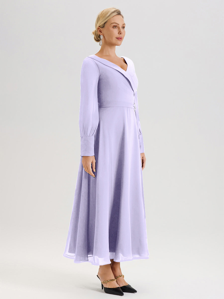 Cicinia Robe Longue Mère De La Mariée Lilas Décolleté En V Manches Longues Trapèze En Mousseline