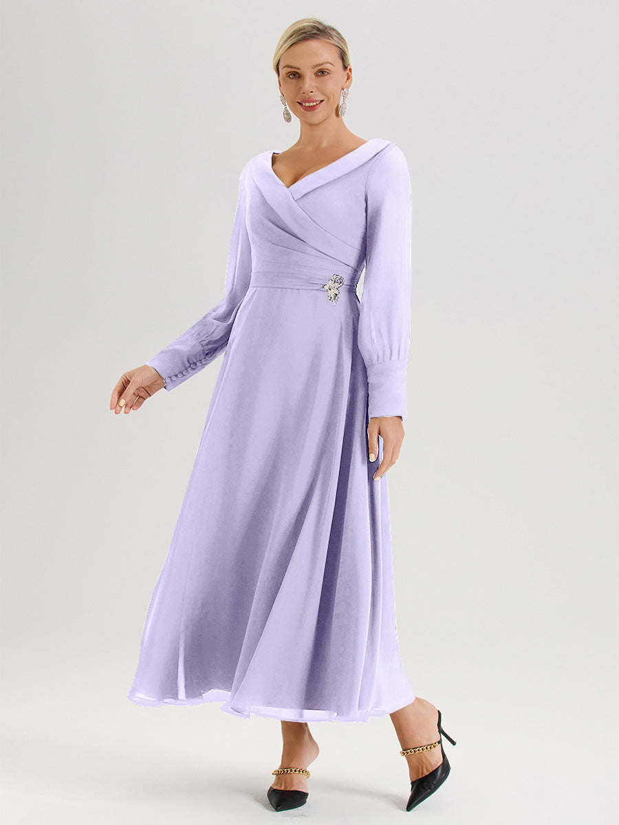 Cicinia Robe Longue Mère De La Mariée Lilas Décolleté En V Manches Longues Trapèze En Mousseline
