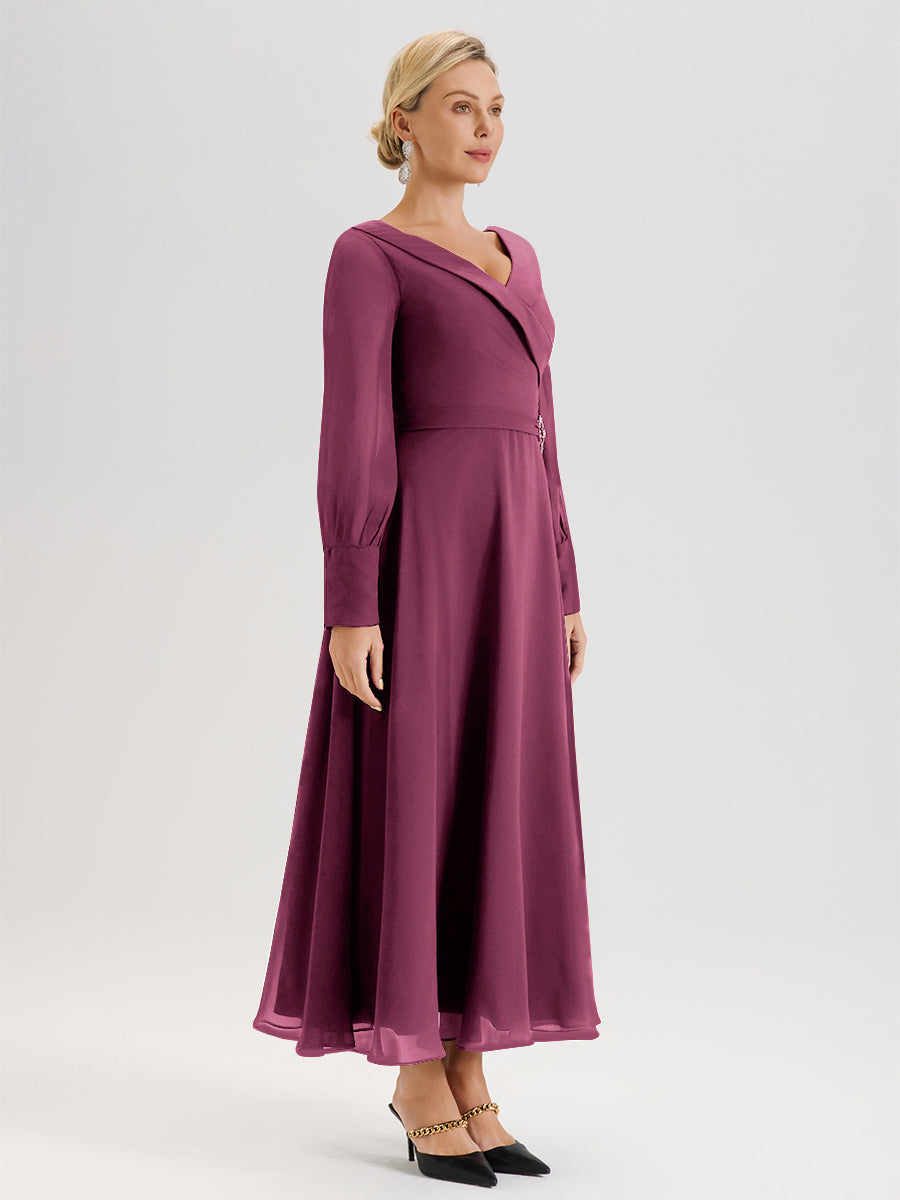 Cicinia Robe Longue Mère De La Mariée Mûre Décolleté En V Manches Longues Trapèze En Mousseline