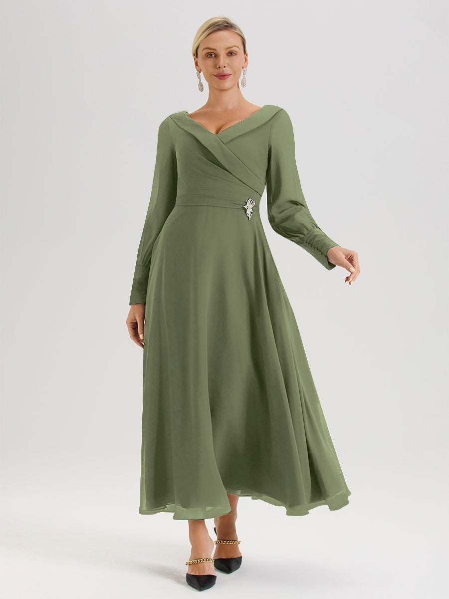 Cicinia Robe Longue Mère De La Mariée Vert Olive Décolleté En V Manches Longues Trapèze En Mousseline