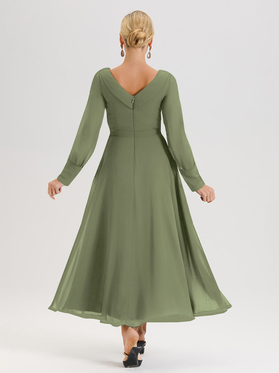 Cicinia Robe Longue Mère De La Mariée Vert Olive Décolleté En V Manches Longues Trapèze En Mousseline