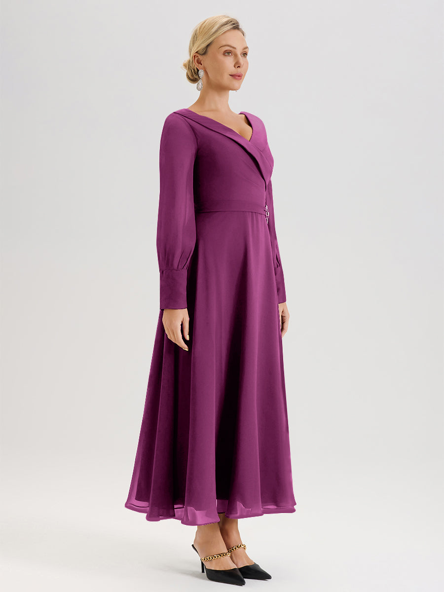 Cicinia Robe Longue Mère De La Mariée Orchidée Décolleté En V Manches Longues Trapèze En Mousseline