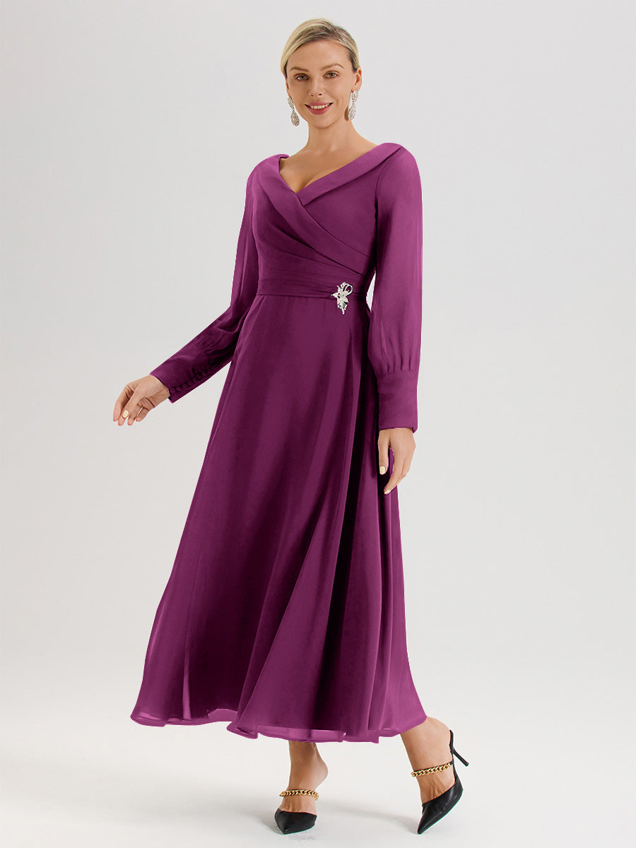 Cicinia Robe Longue Mère De La Mariée Orchidée Décolleté En V Manches Longues Trapèze En Mousseline