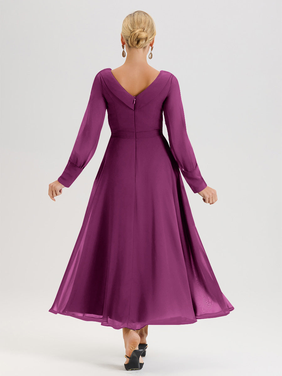 Cicinia Robe Longue Mère De La Mariée Orchidée Décolleté En V Manches Longues Trapèze En Mousseline