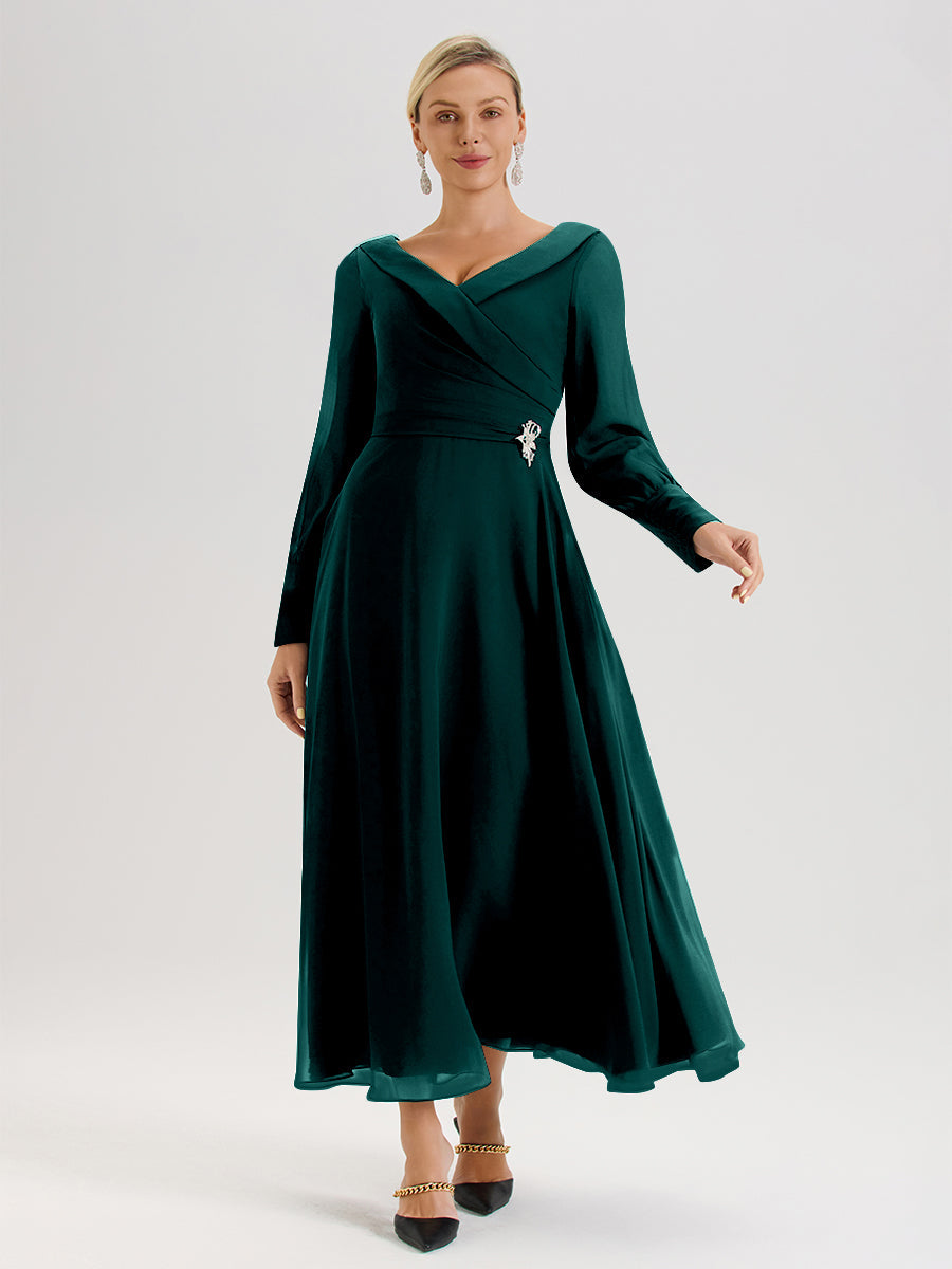Cicinia Robe Longue Mère De La Mariée Couleur Paon Décolleté En V Manches Longues Trapèze En Mousseline