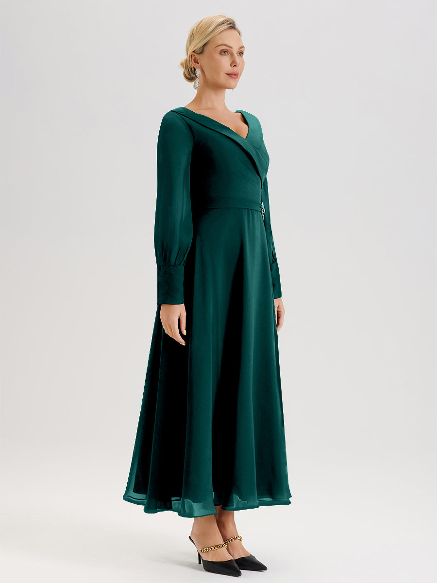 Cicinia Robe Longue Mère De La Mariée Couleur Paon Décolleté En V Manches Longues Trapèze En Mousseline