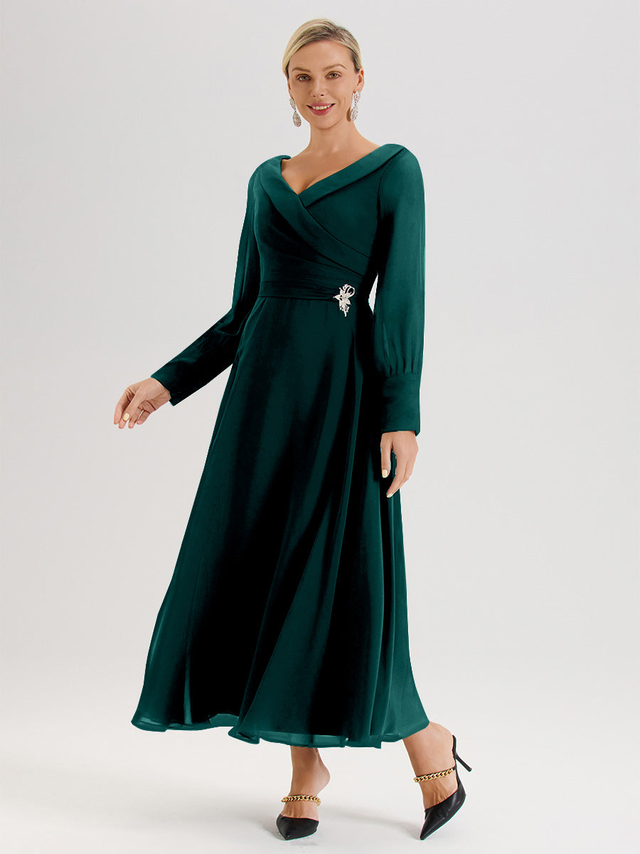 Cicinia Robe Longue Mère De La Mariée Couleur Paon Décolleté En V Manches Longues Trapèze En Mousseline