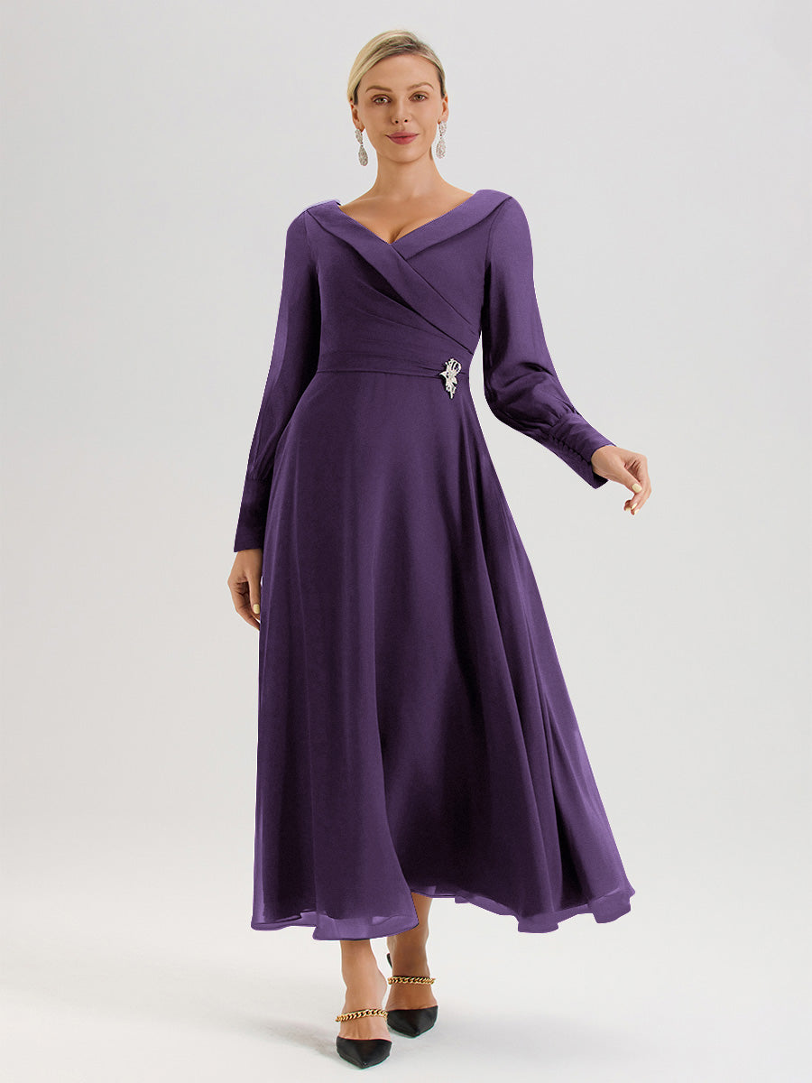 Cicinia Robe Longue Mère De La Mariée Plum Décolleté En V Manches Longues Trapèze En Mousseline