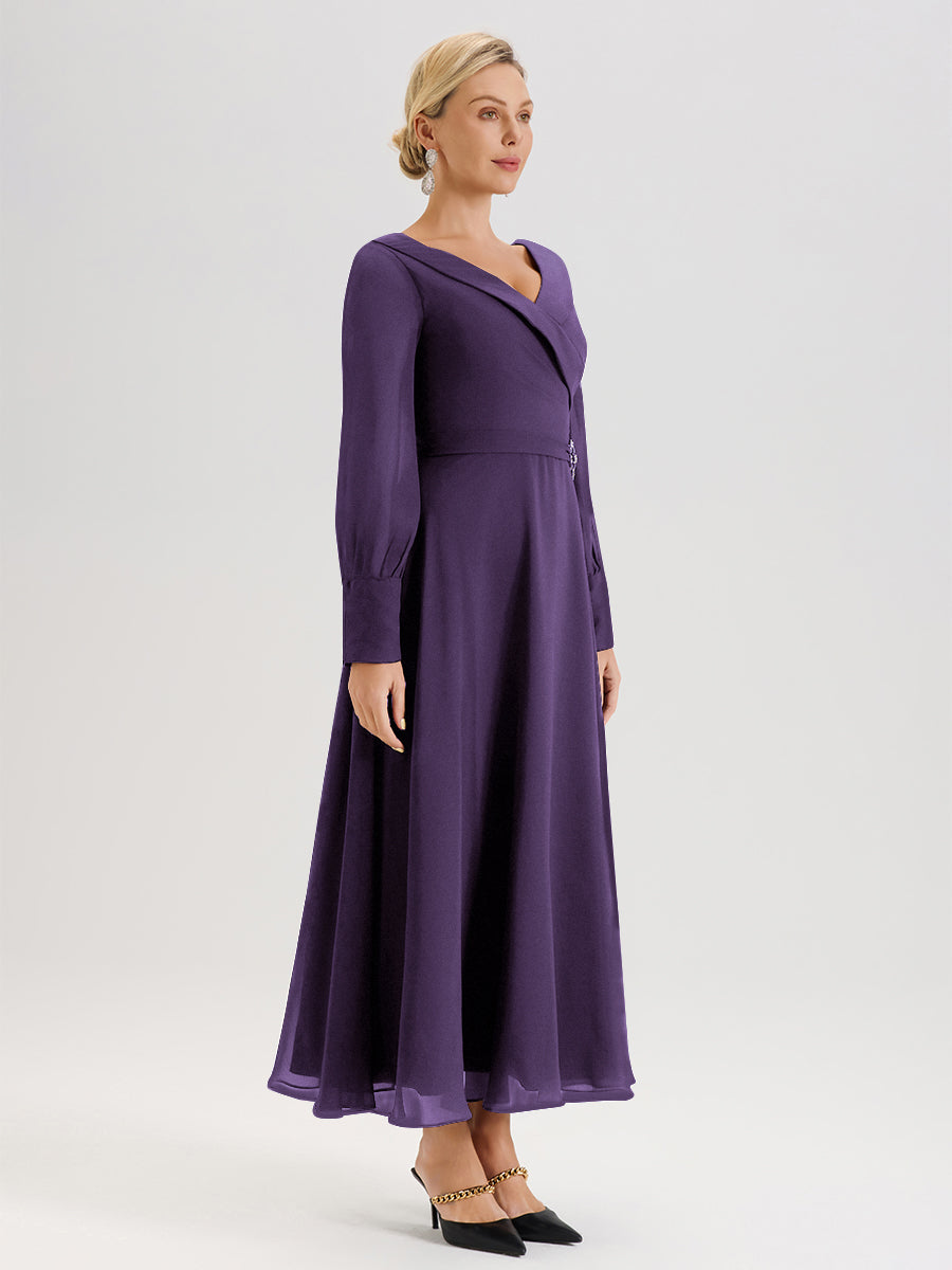 Cicinia Robe Longue Mère De La Mariée Plum Décolleté En V Manches Longues Trapèze En Mousseline