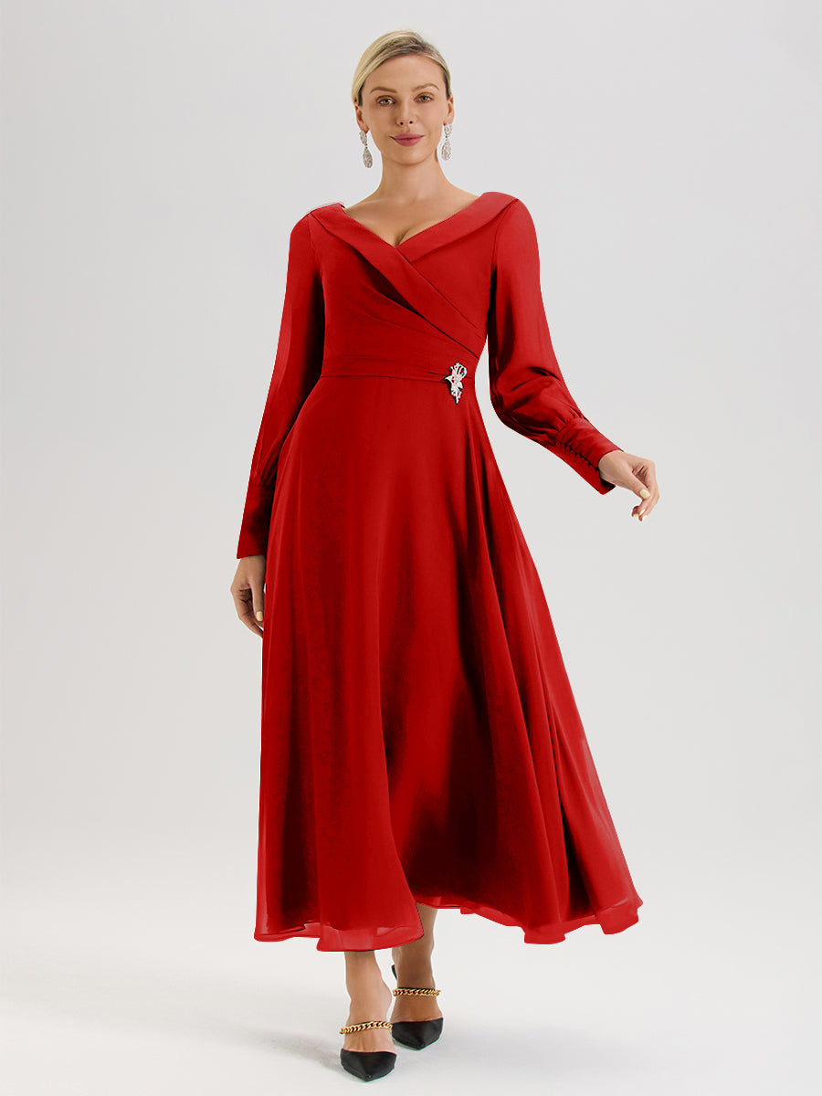 Cicinia Robe Longue Mère De La Mariée Rouge Décolleté En V Manches Longues Trapèze En Mousseline