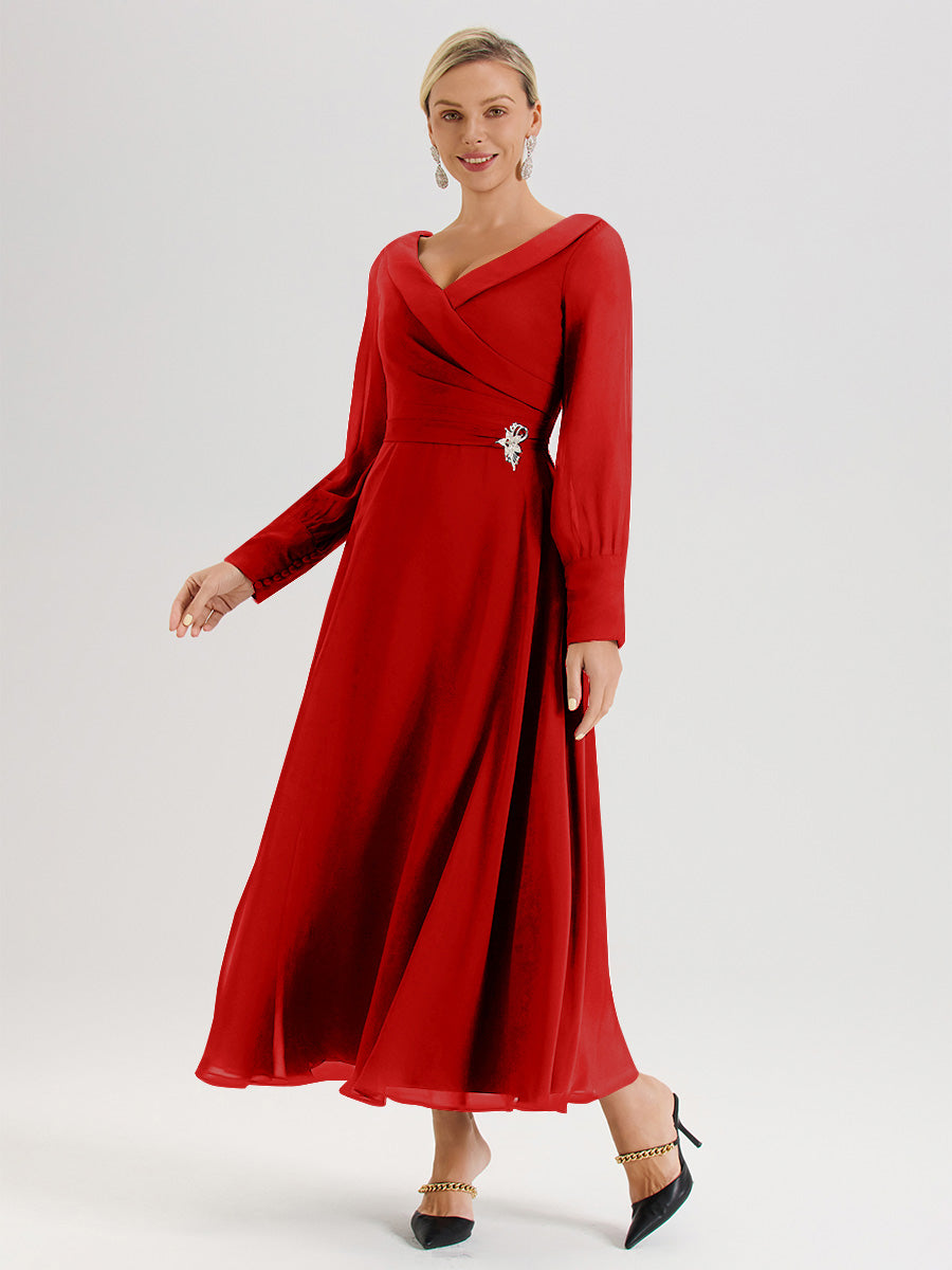 Cicinia Robe Longue Mère De La Mariée Rouge Décolleté En V Manches Longues Trapèze En Mousseline