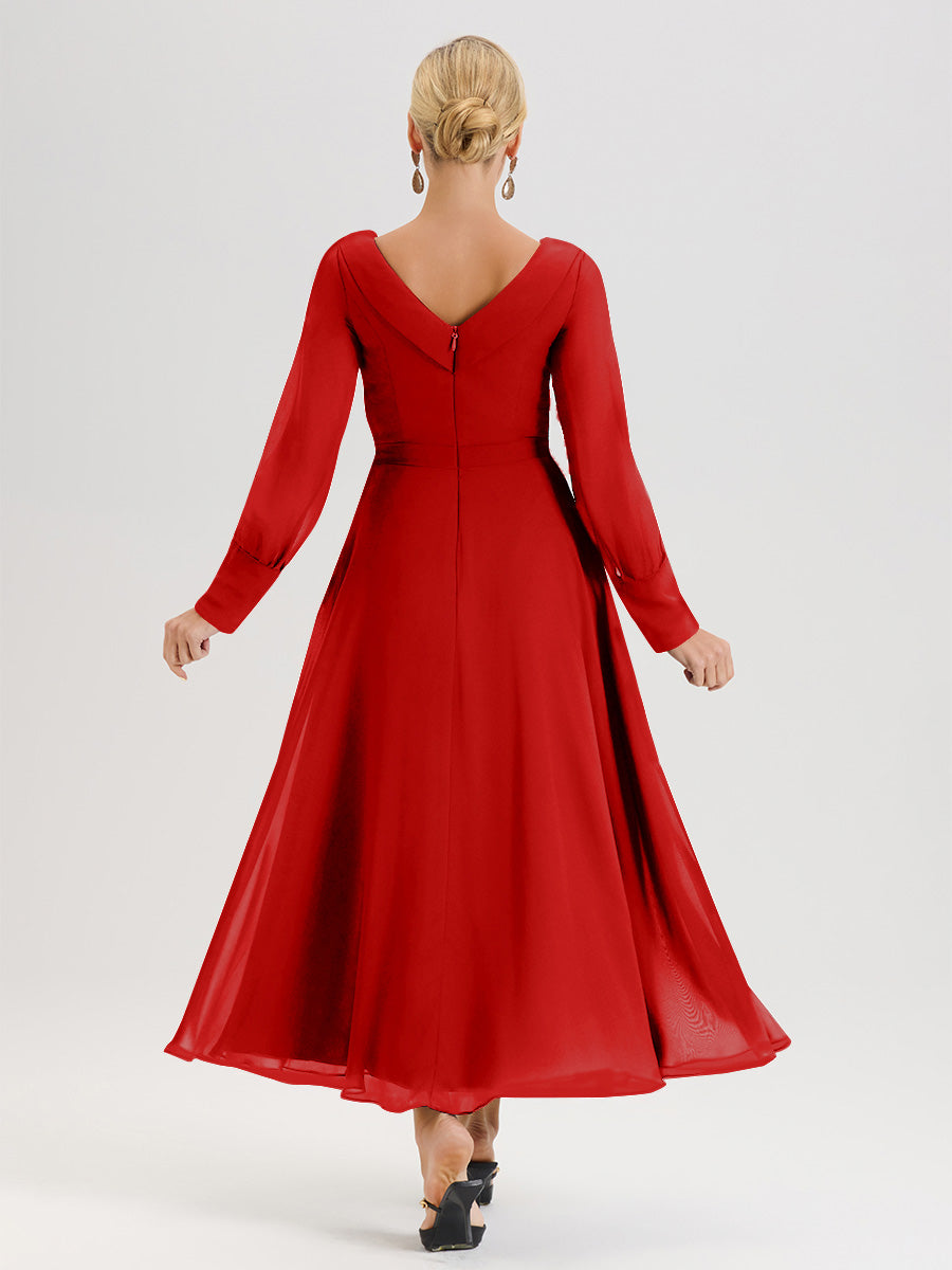 Cicinia Robe Longue Mère De La Mariée Rouge Décolleté En V Manches Longues Trapèze En Mousseline