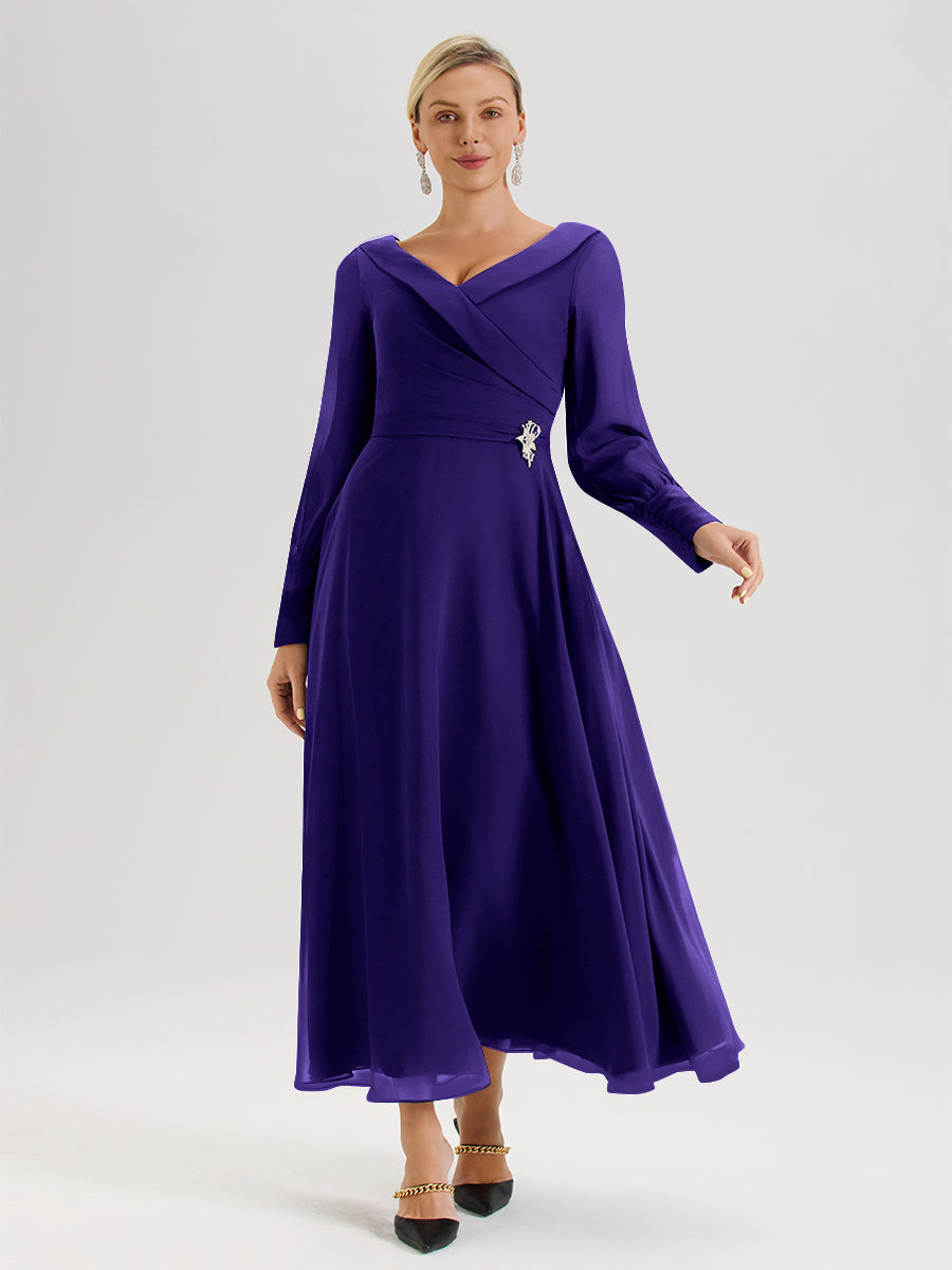 Cicinia Robe Longue Mère De La Mariée En Régence Décolleté En V Manches Longues Trapèze En Mousseline