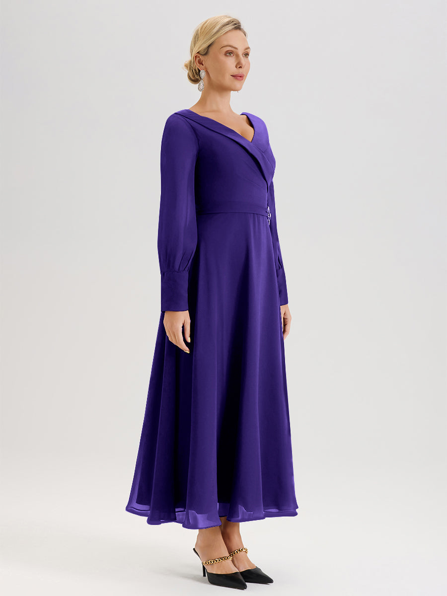 Cicinia Robe Longue Mère De La Mariée En Régence Décolleté En V Manches Longues Trapèze En Mousseline