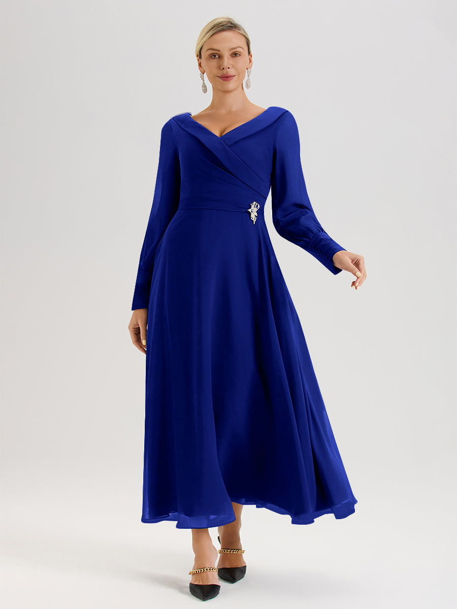 Cicinia Robe Longue Mère De La Mariée Bleu Royal Décolleté En V Manches Longues Trapèze En Mousseline
