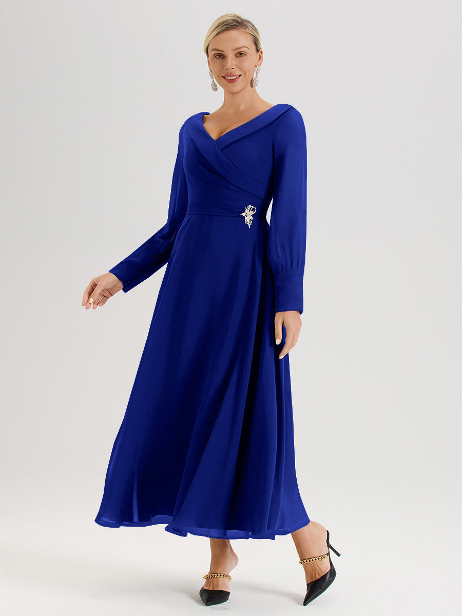 Cicinia Robe Longue Mère De La Mariée Bleu Royal Décolleté En V Manches Longues Trapèze En Mousseline