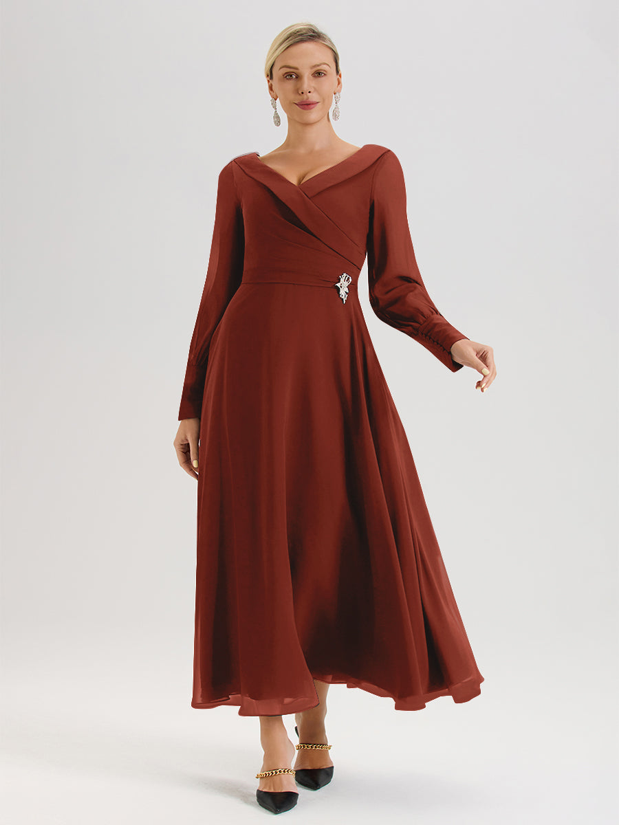 Cicinia Robe Longue Mère De La Mariée Rouille Décolleté En V Manches Longues Trapèze En Mousseline