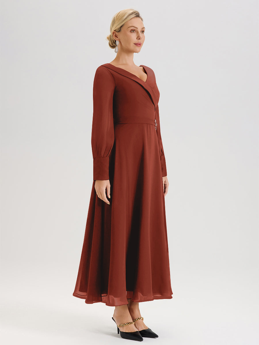 Cicinia Robe Longue Mère De La Mariée Rouille Décolleté En V Manches Longues Trapèze En Mousseline