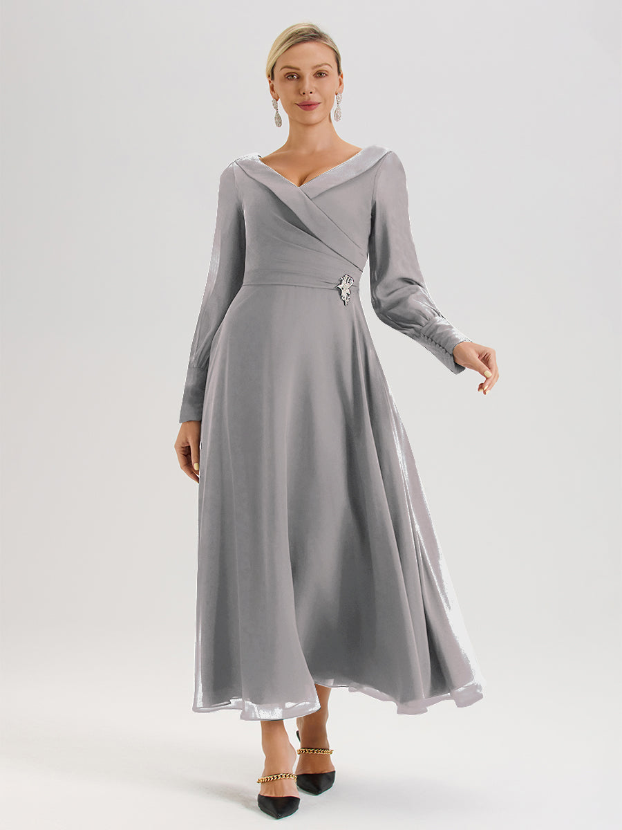 Cicinia Robe Longue Mère De La Mariée Argenté Décolleté En V Manches Longues Trapèze En Mousseline