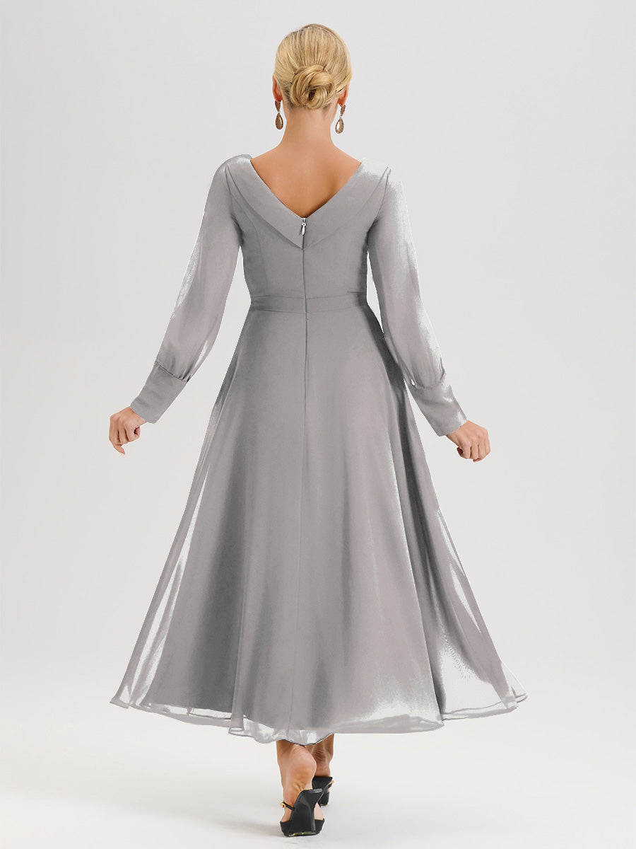 Cicinia Robe Longue Mère De La Mariée Argenté Décolleté En V Manches Longues Trapèze En Mousseline