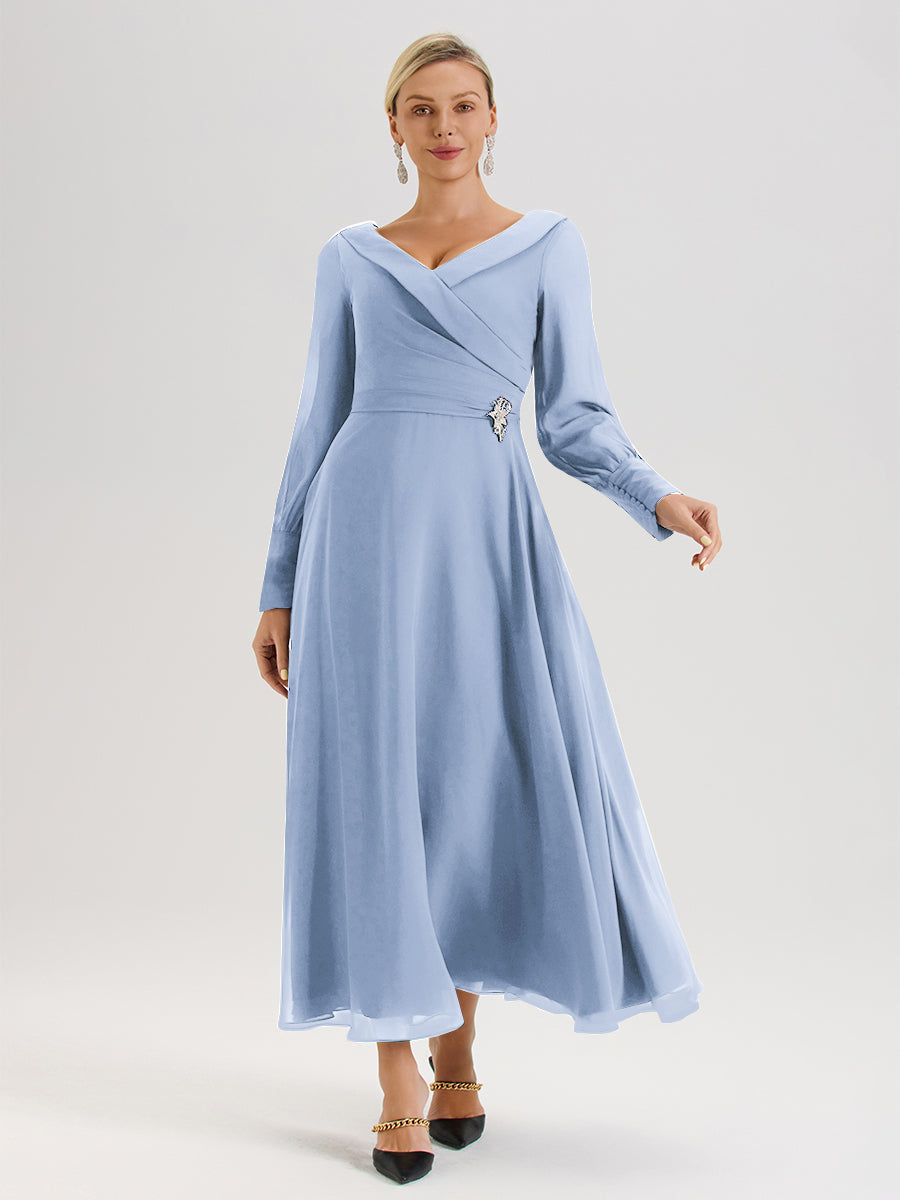 Cicinia Robe Longue Mère De La Mariée Bleu Ciel Décolleté En V Manches Longues Trapèze En Mousseline