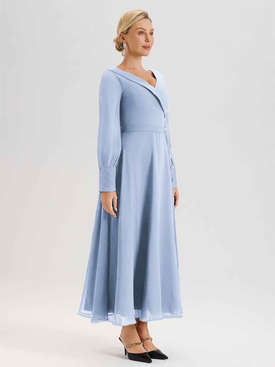 Cicinia Robe Longue Mère De La Mariée Bleu Ciel Décolleté En V Manches Longues Trapèze En Mousseline