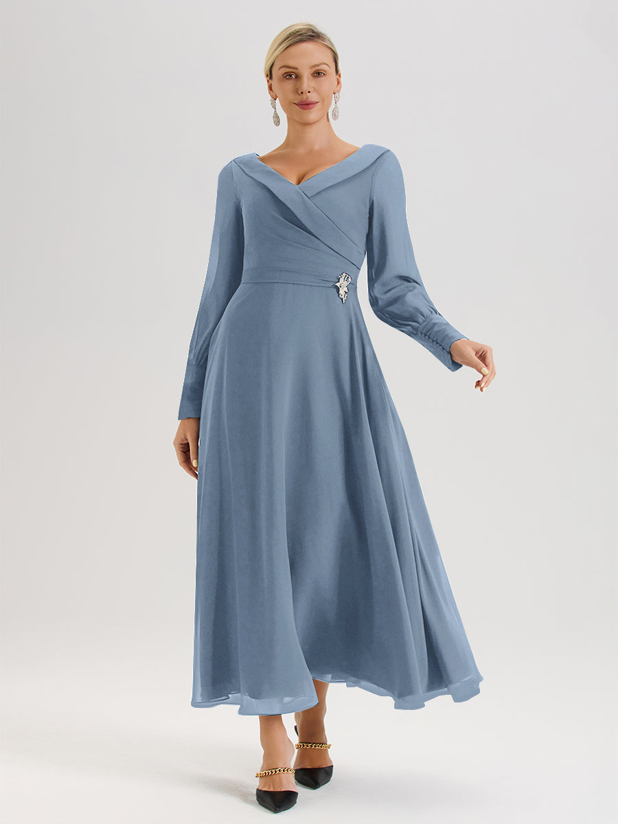 Cicinia Robe Longue Mère De La Mariée Bleu De Schiste Décolleté En V Manches Longues Trapèze En Mousseline
