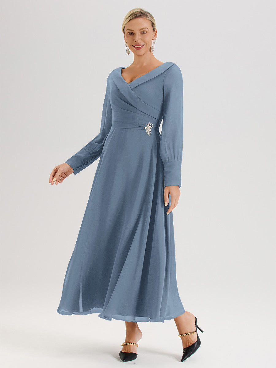 Cicinia Robe Longue Mère De La Mariée Bleu De Schiste Décolleté En V Manches Longues Trapèze En Mousseline